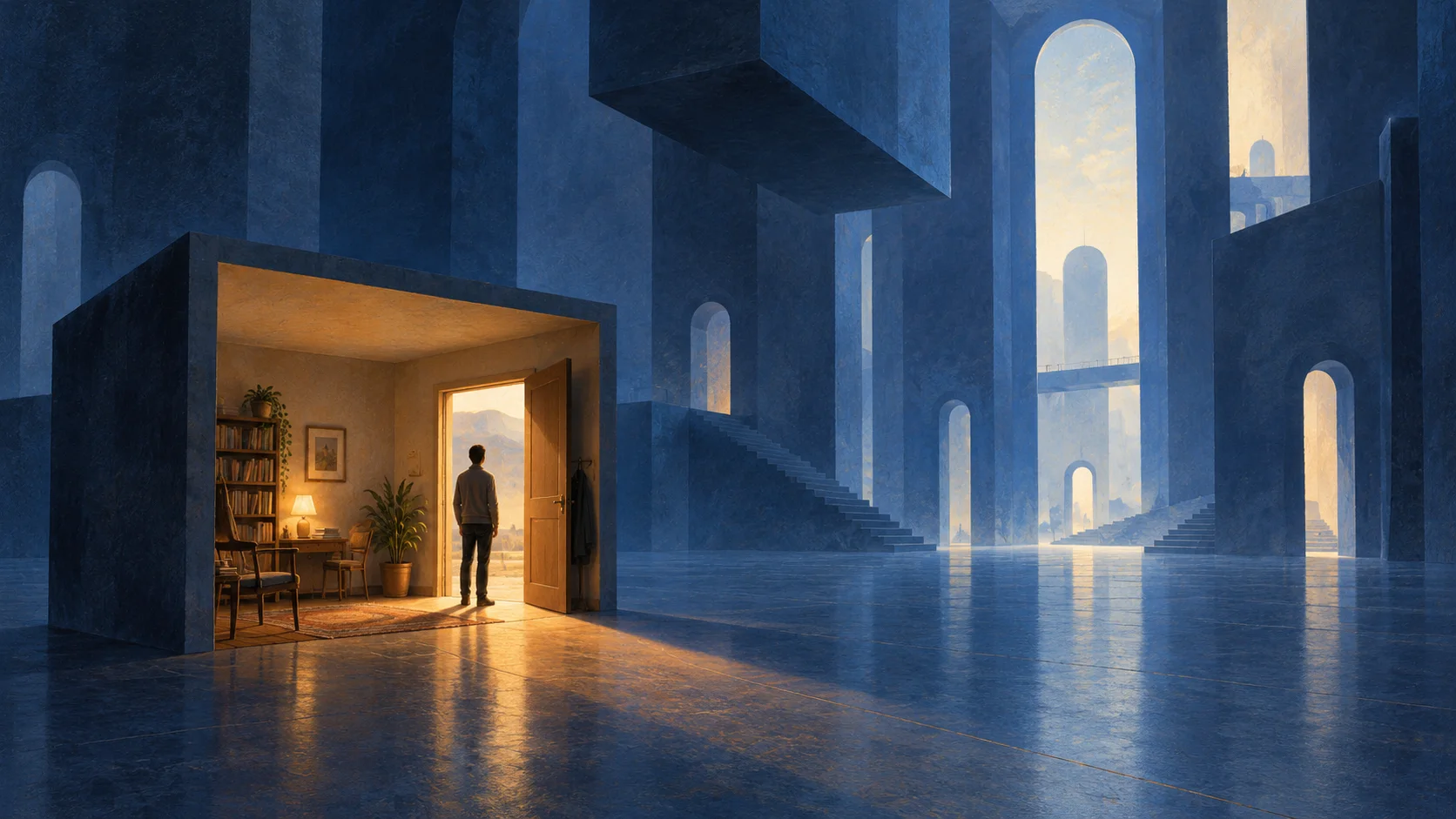 A person standing in a warm doorway inside a vast blue architectural space